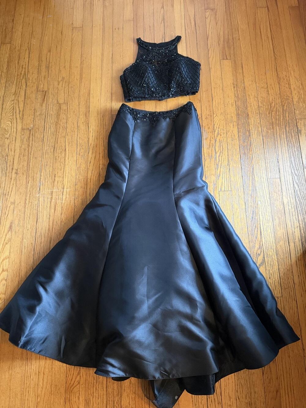 Morilee Dress Set Womens 12 Black Beaded Halter Crop Top Long Skirt Formal Prom